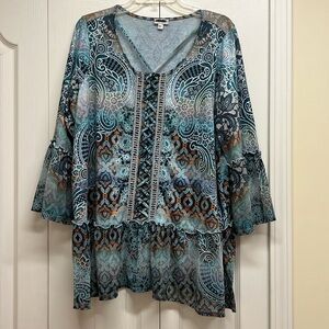 Avenue Teal Paisley Bell Sleeve Top with Crisscross and extra Straps Size 14/16